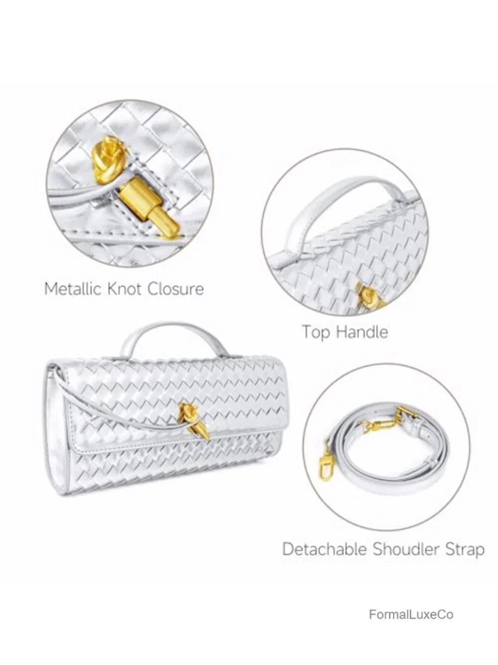 Woven Faux Leather Evening Clutch Crossbody Bag with Adjustable Strap
